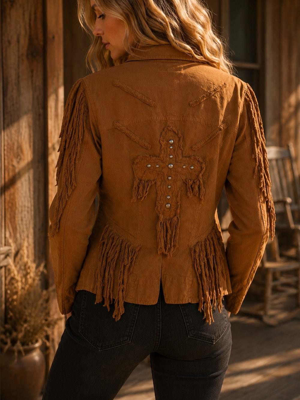 Gretty Zueger Brown Fringe Cross Jacket Small Western Boho Cowgirl